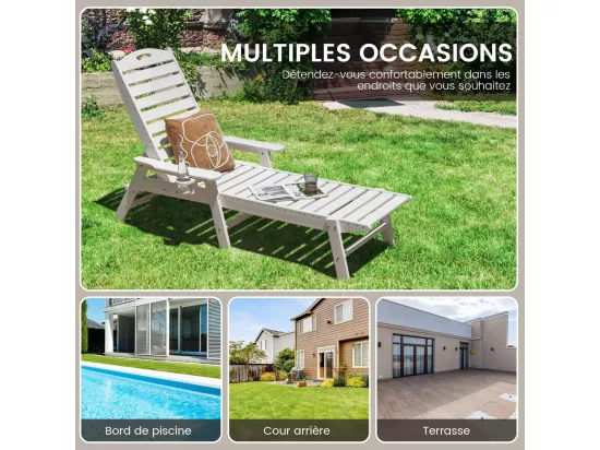 Bain de Soleil Inclinable à Dossier Réglable 5 Positions, Transat Jardin avec Porte-Gobelet Accoudoirs, Chaise Longue pour Piscine Patio Cour, Charge 150 KG, Blanc