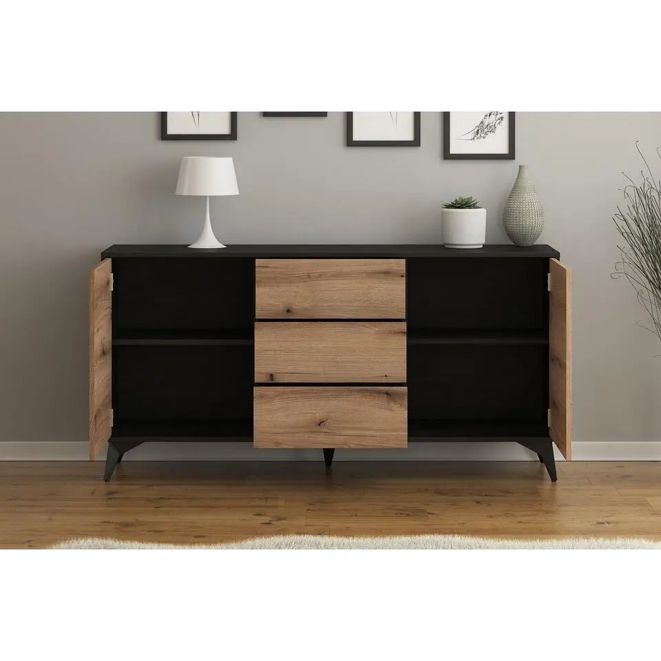 Meubella - Dressoir Dolores - Eiken - Zwart - 154 cm - met lades