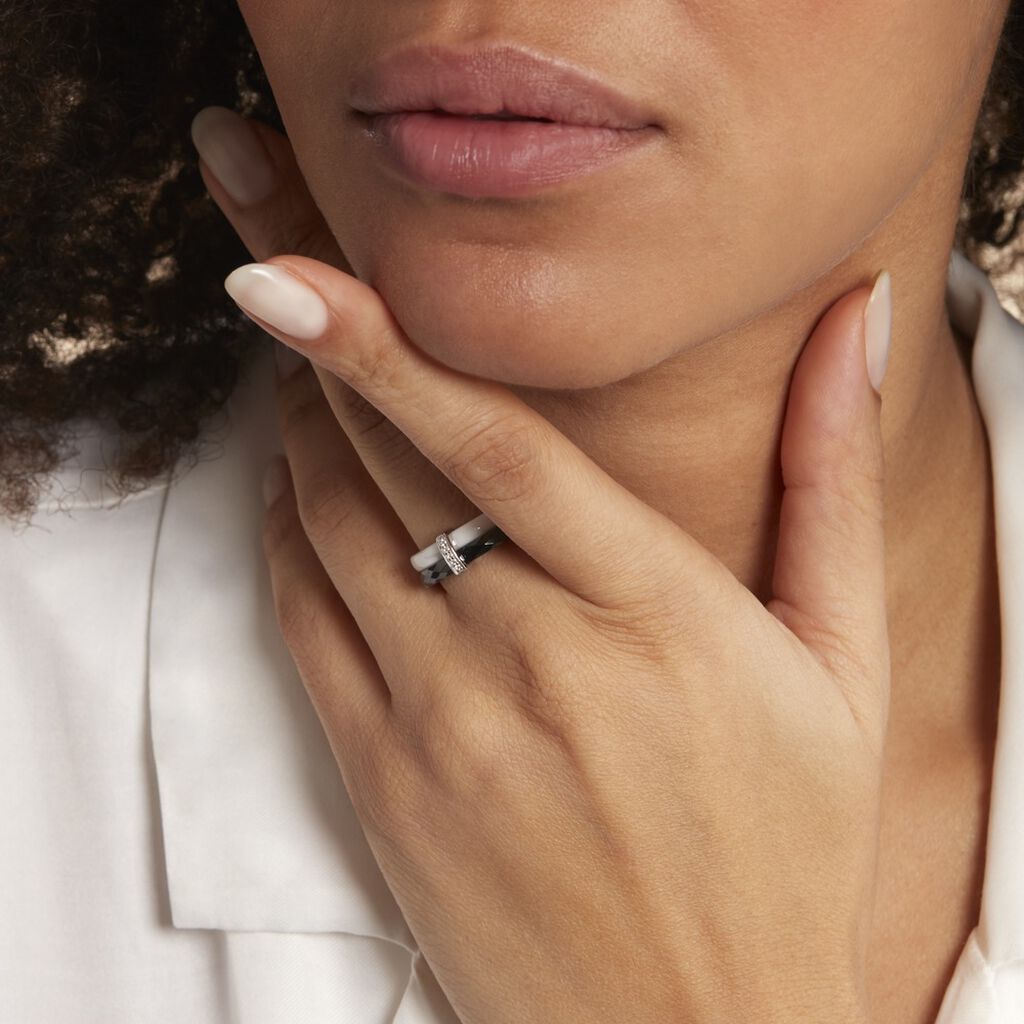 Bague Barette Bicolore Ceramique Argent Blanc Oxyde De Zirconium