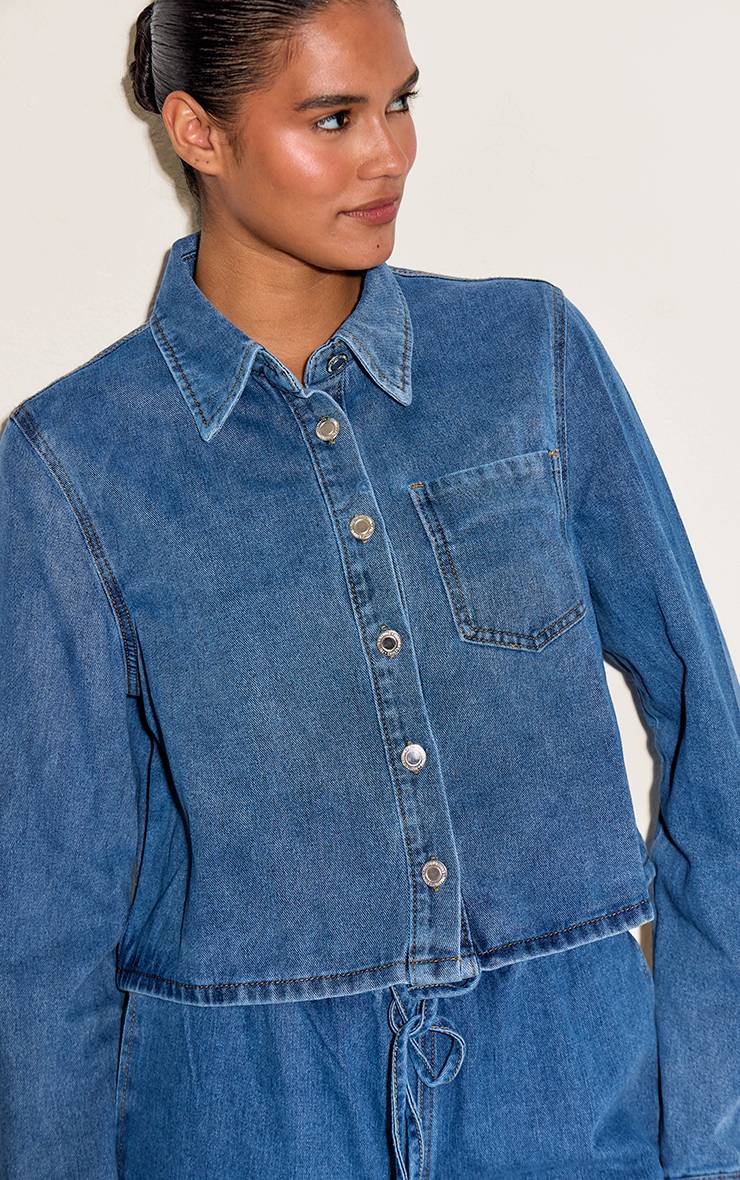 Mid Blue Wash Chemise En Jean Décontractée À Manches Longues Et Coupe Courte