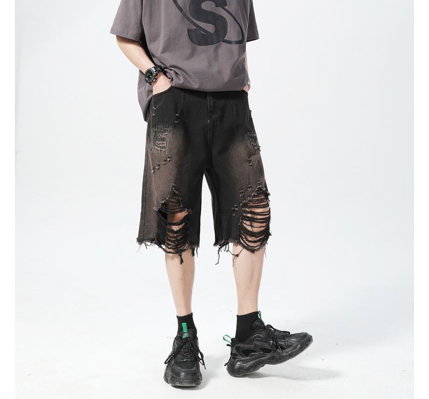 Hushgrain - Mid Rise Washed Distressed Denim Shorts