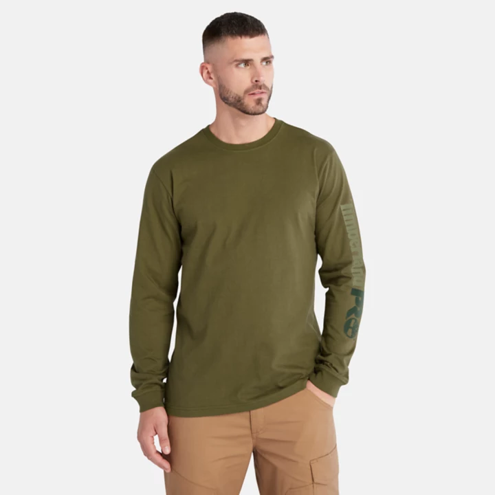 Camiseta Timberland PRO Core Logo de manga comprida para homem, na cor verde.
