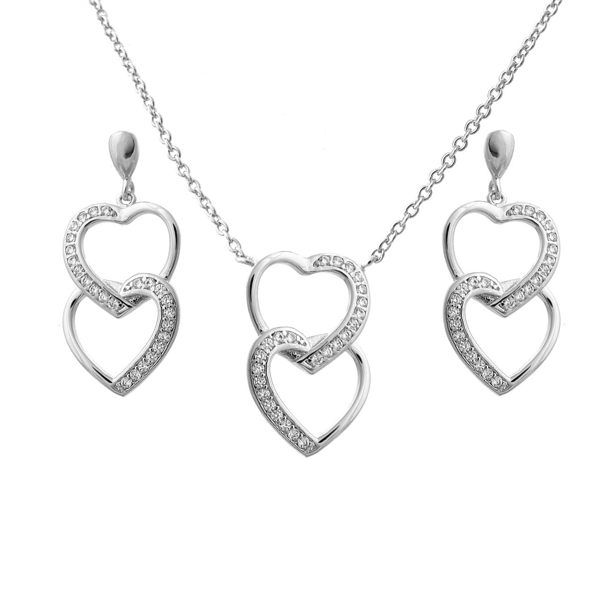 Parure 2 coeurs superposés sertis d'oxydes de zirconium Argent 925 Rhodié