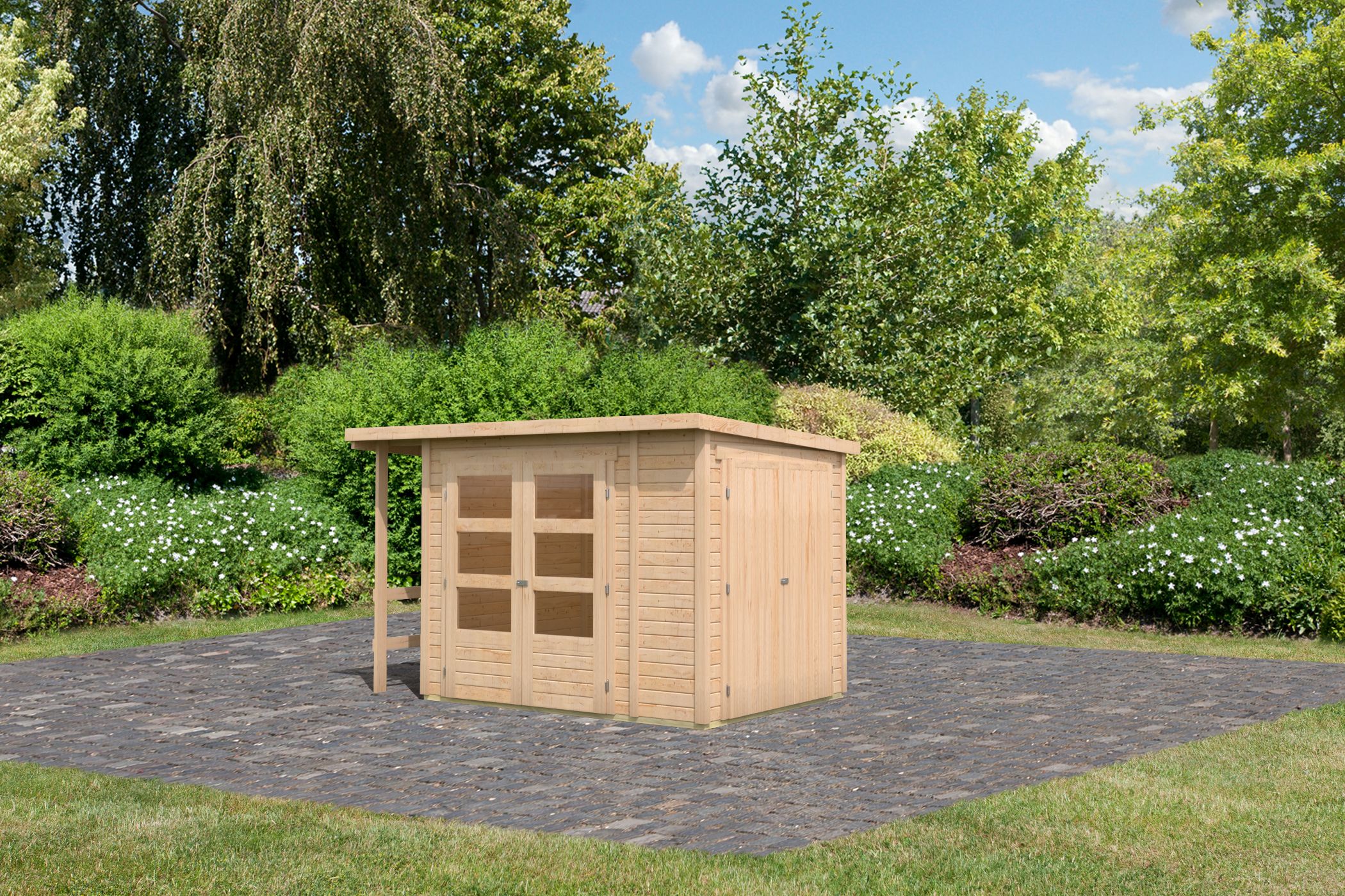 Karibu Gartenhaus 19 mm Multi Pultdach mit Schrank und Anbaudach naturbelassen inkl. Fußboden & Dacheindeckung
