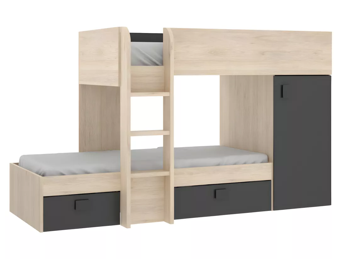 Lits superposés d'angle réversibles RICARDO - 2 x 90 x 190 cm - Rangements intégrés - Chêne et anthracite + matelas