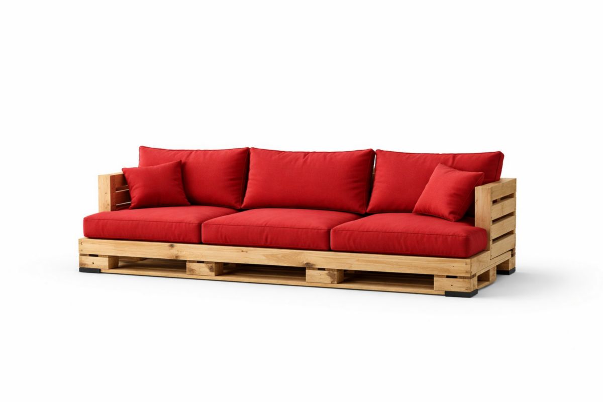 Außenbereich Holzsofa aus Kiefernholz, Länge 220 cm, mit roten Kissen