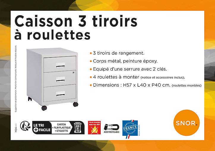 Caisson de bureau en métal 3 tiroirs avec roulettes Snor gris H. 57 cm x L. 40 cm