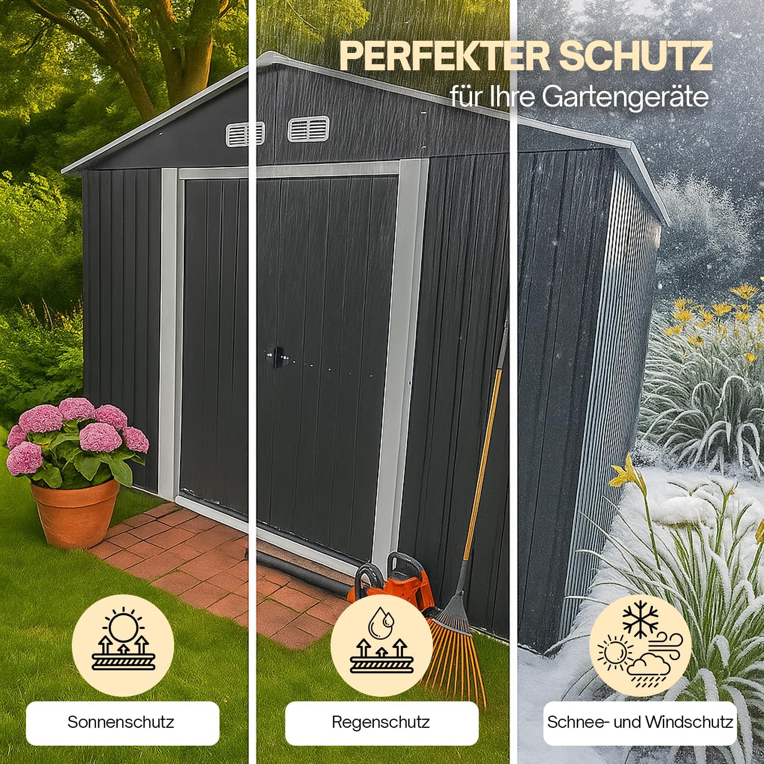 4iQ Metall Gerätehaus 9 m² – Stahl Gartenhaus 303 x 300 x 214 cm, verzinkt, Schuppen für Werkzeug, Fahrräder & Gartengeräte, Anthrazit