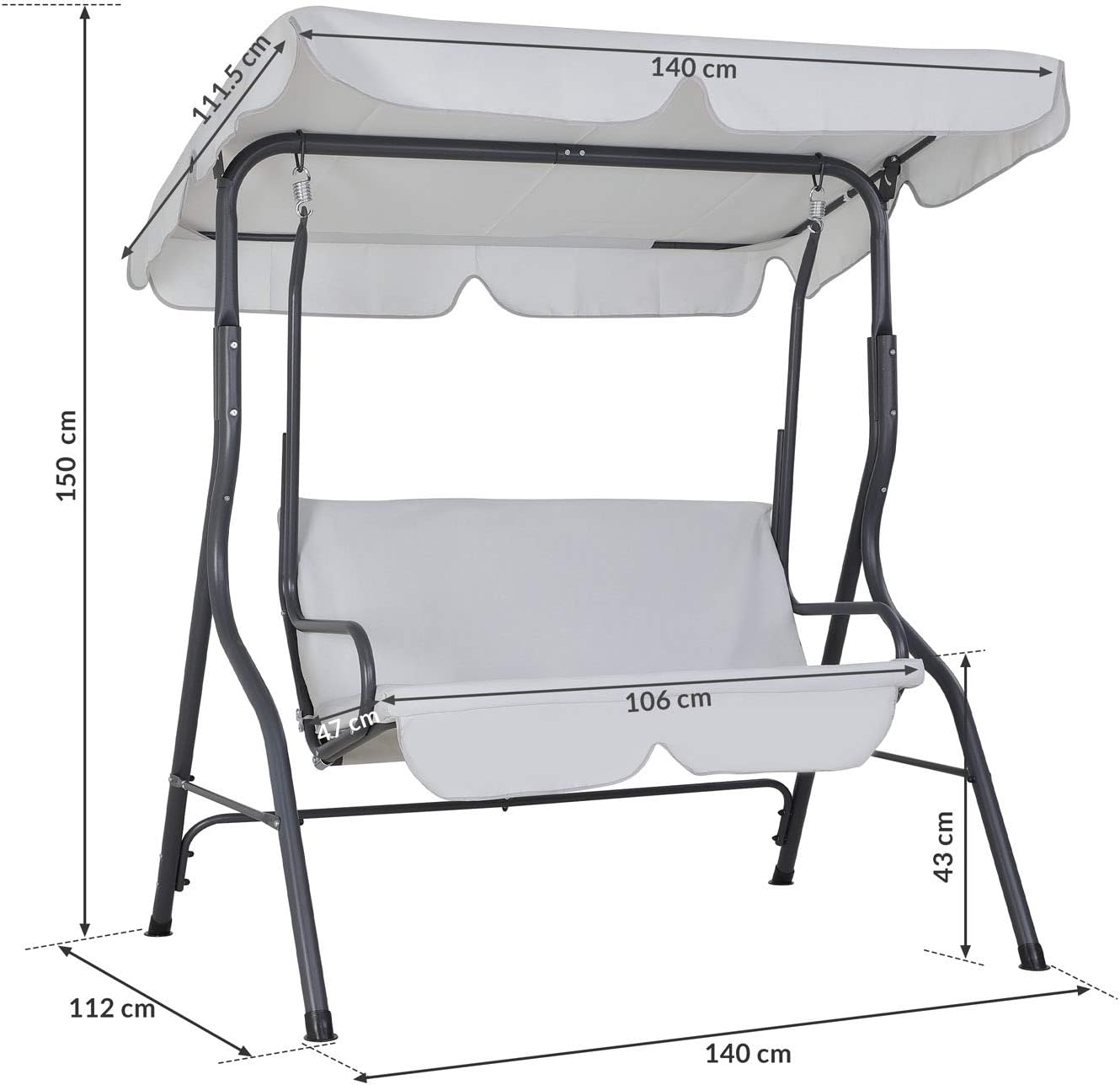 Casaria® Hollywoodschaukel 2 Sitzer Wetterfest Balkon 200kg Belastbar Gartenschaukel mit Dach Hellgrau Anti-Rutsch-Füße Garten Terrasse Schaukel 140cm Rückenlehne