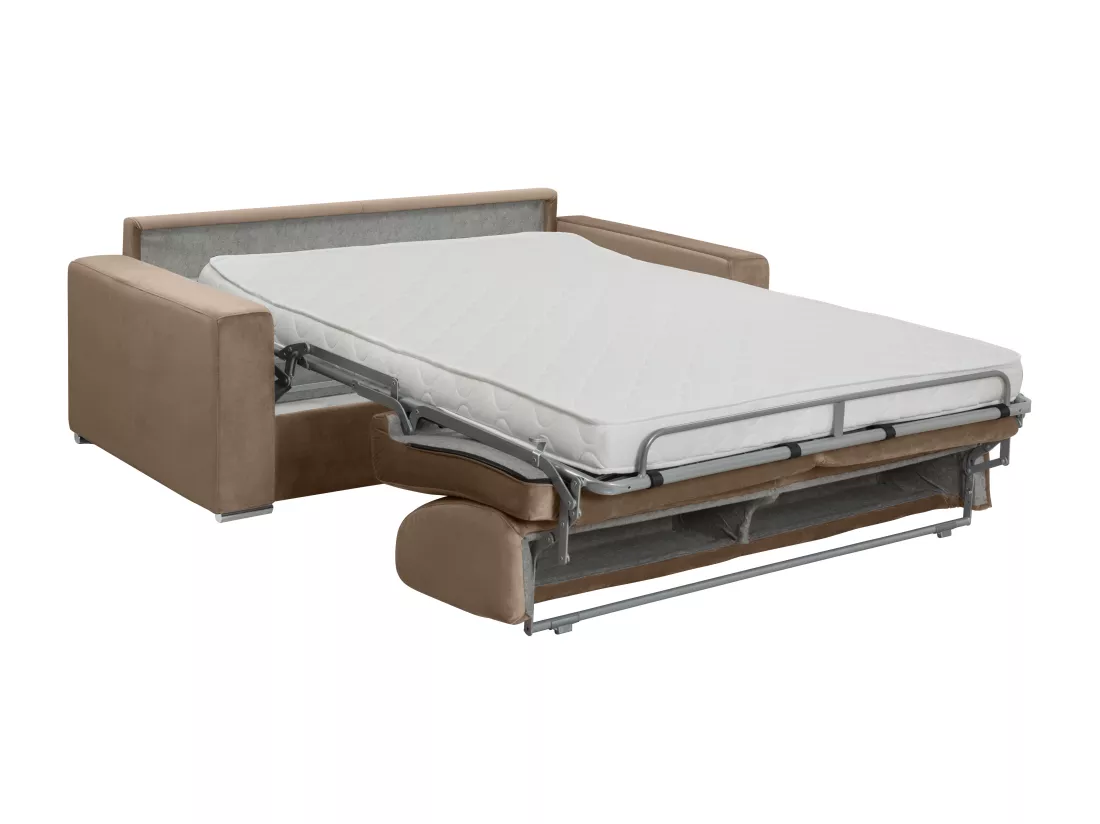 Canapé 3 places convertible express en velours beige - Couchage lattes larges 140 cm - Matelas 14 cm CALITO