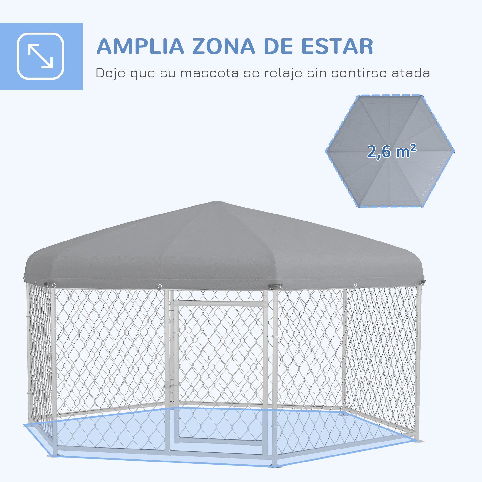Canil hexagonal para exterior PawHut, gaiola para cães com porta, estrutura em aço galvanizado e cobertura impermeável e resistente aos raios UV, 210x185x150 cm, prateado.