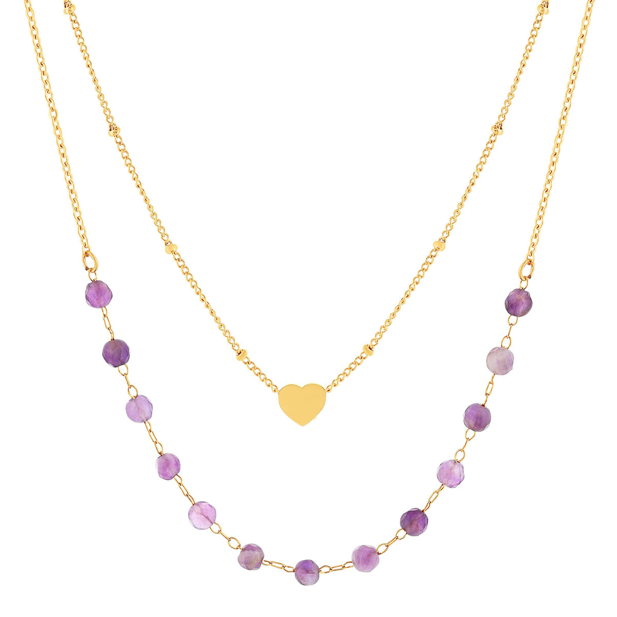 Collier acier doré 2 rangs coeur améthystes 46 cm