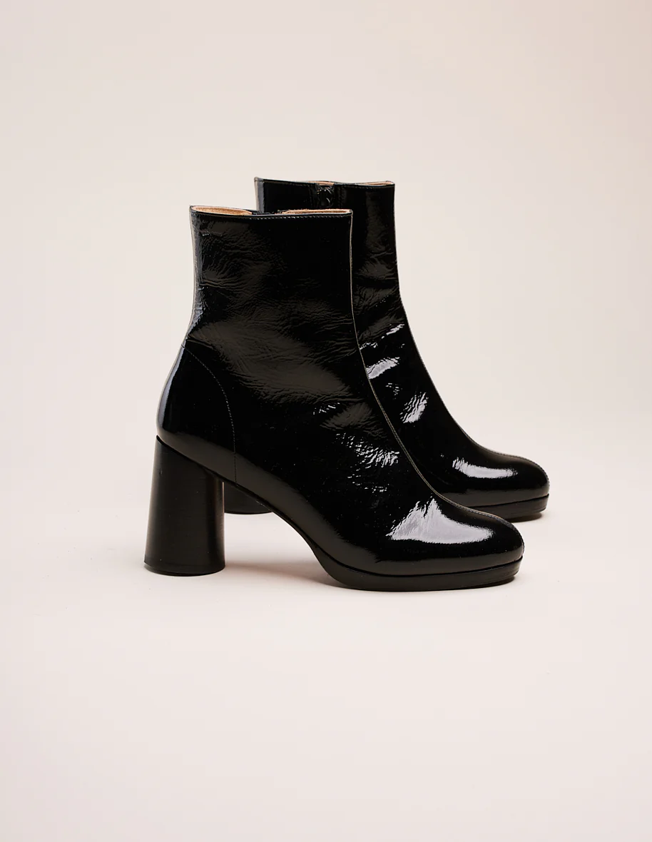 Bottines à talons Serena - Cuir plissé verni noir