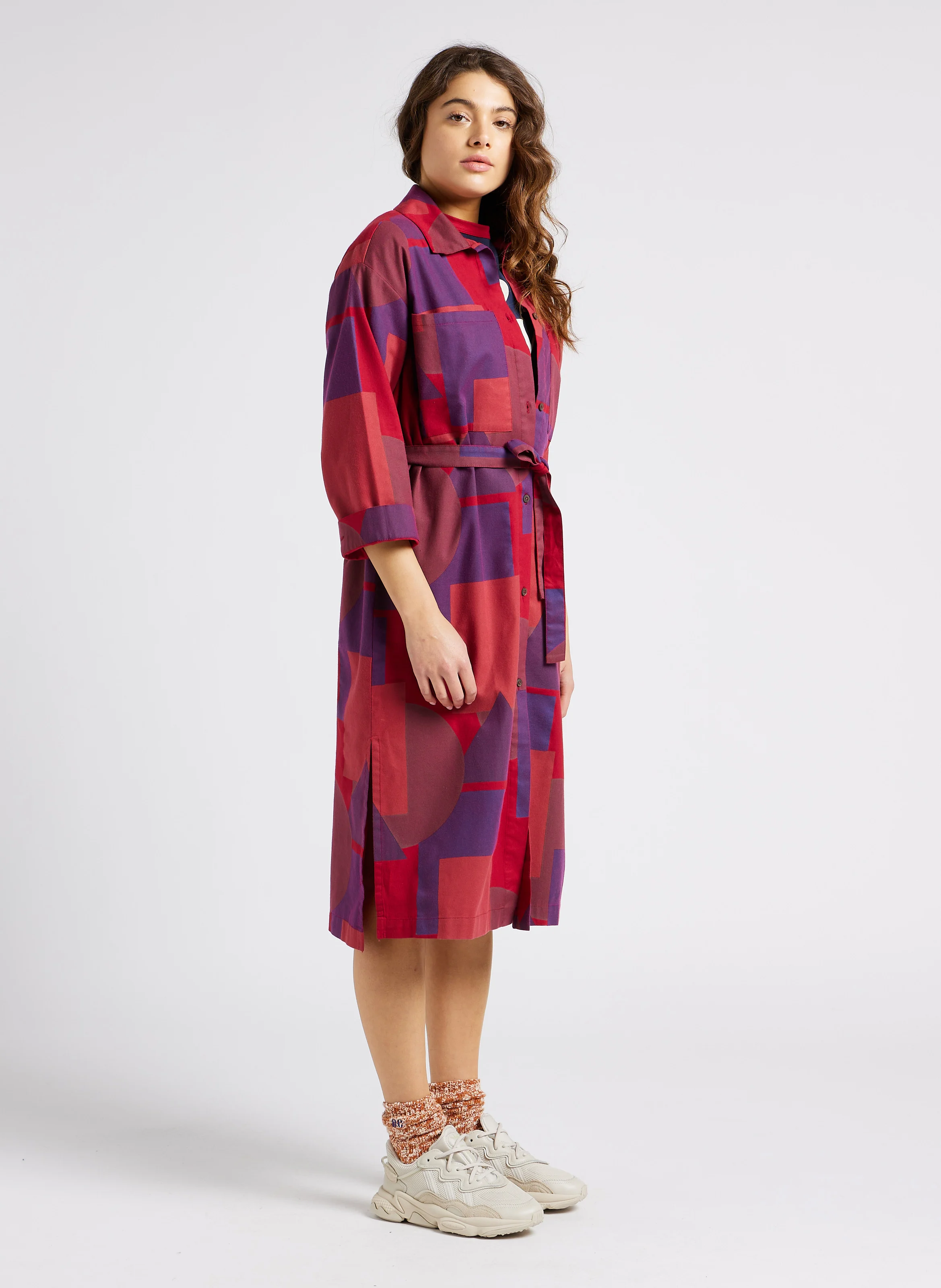 Robe midi col classique imprimée en coton| Multicolore