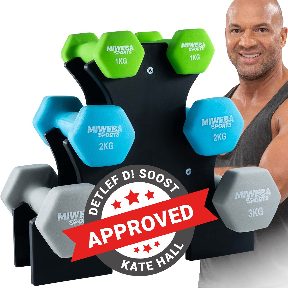 Miweba Sports Gymnastikhantel-Set NKH120, 1-3 kg, Neopren/Vinyl, Eisenkern, rutschfest, Hantelablage (Grün, Türkis, Grau, Neopren)
