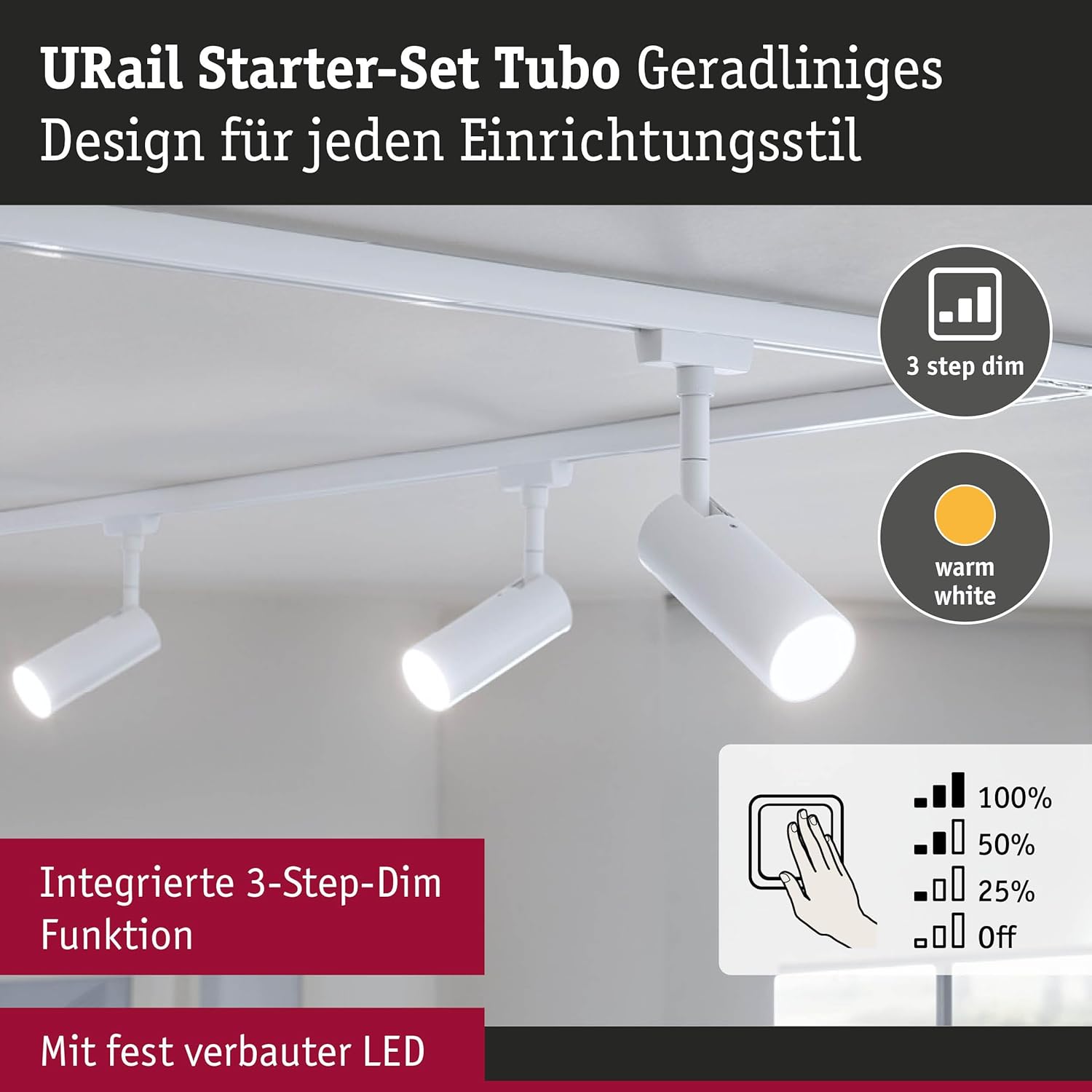 Paulmann 5243 URail LED Schienenspot Tubo Starterset 3x150lm 3x4W 3000K dimmbar 230V Signalweiß