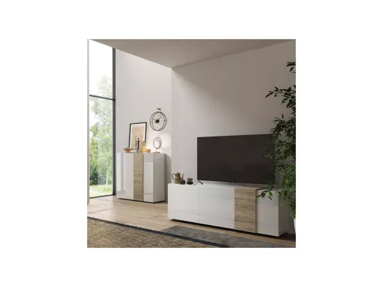 Argentier 2 portes laqué Blanc brillant/Chêne naturel - BOLZANO