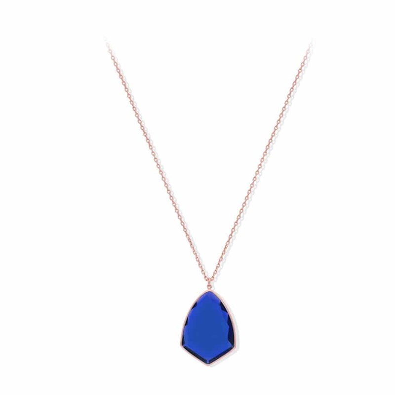 Collier Argent Rose Blason Pierre Bleu Marine