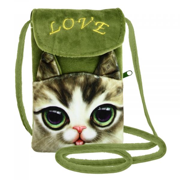 Avizar Bolsa para Smartphone em Tecido Design Gatinho de Pelúcia Verde - BAG-AY-24