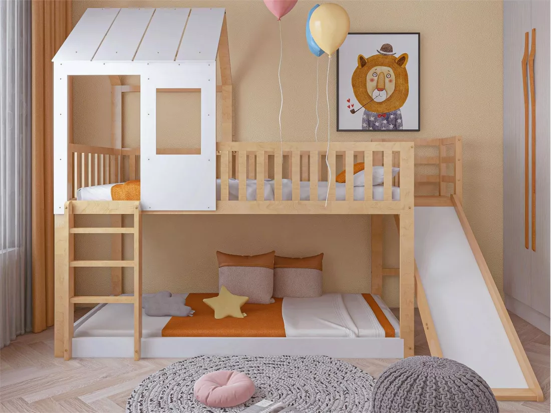 Lit superposé pour enfant 90 x 200 cm avec toboggan + sommier, coloris: naturel et blanc