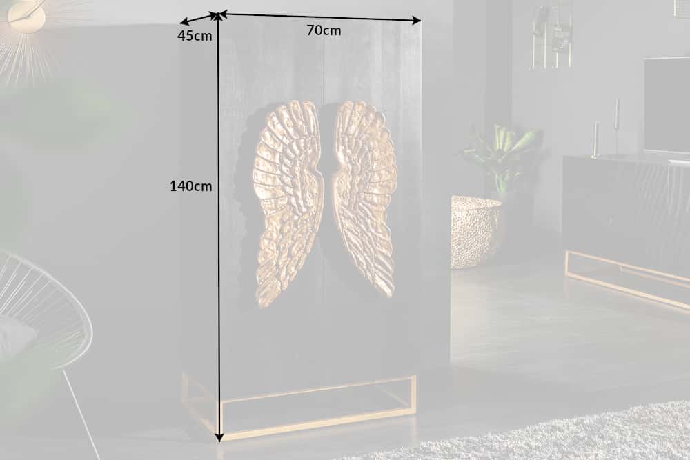 Extravagantes Highboard ANGEL 140cm schwarz Mangoholz mit goldenen Flügeln