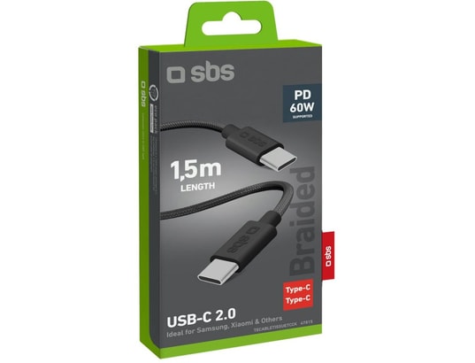 SBS - Câble USB tressé USB C - USB C PD 60W 1m50, noir