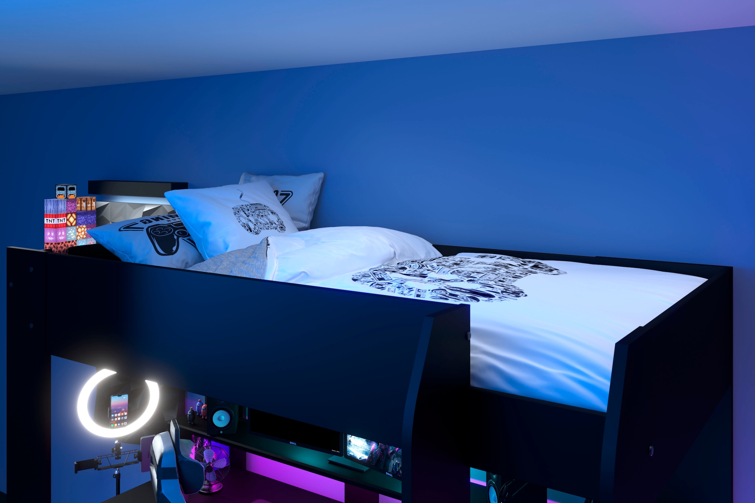 Parisot Hochbett »Gaming-Bett, mit Schreibtisch, USB Anschluss, LED, viel Stauraum« ideal für kleine Räume, TOPSELLER!