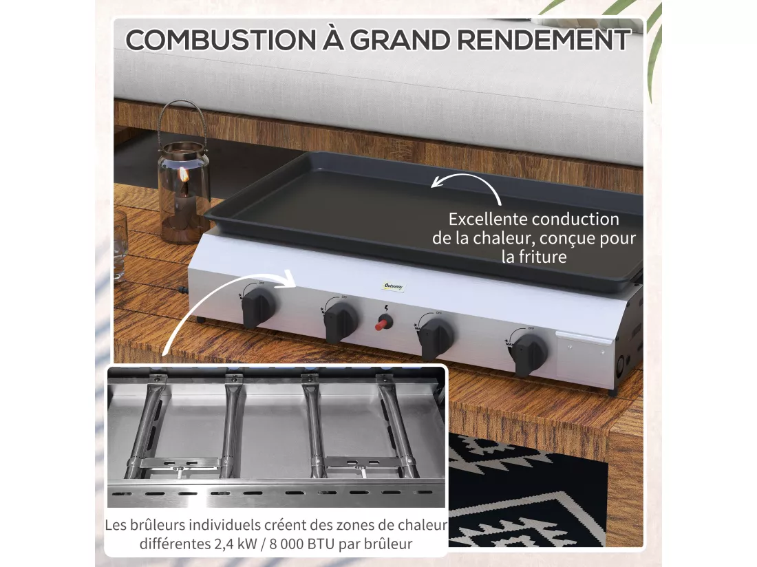 Plancha gaz portable antiadhésive 4 brûleurs 9,6 kW surface cuisson 73L x 34l cm acier inox émaillé