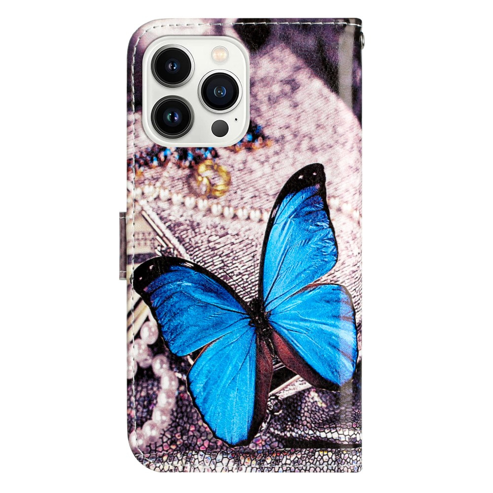 iPhone 16 Pro Leder Tasche Hülle mit Kartenfach Blauer Schmetterling