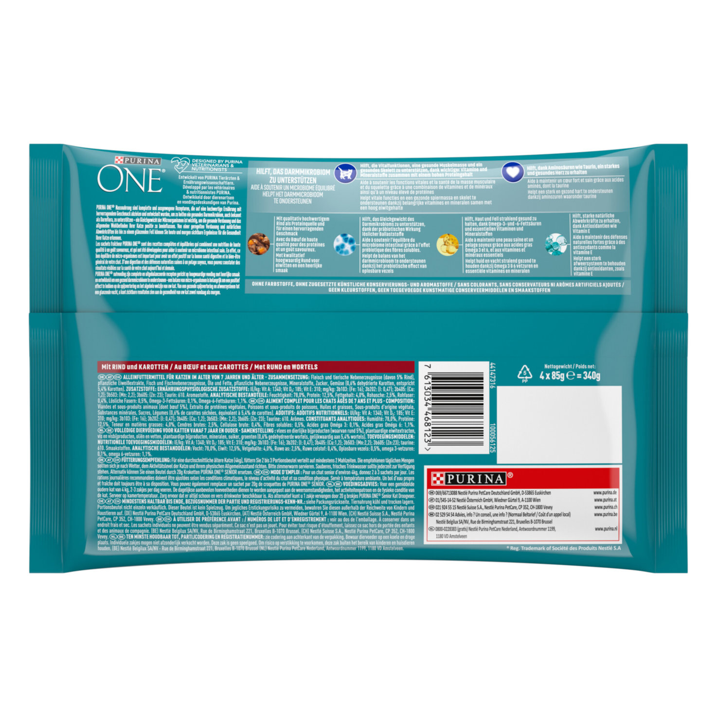 Purina ONE Senior 7+ zarte Stückchen in Sauce mit Rind und Karotten, Katzennassfutter, Beutel 4x85g
