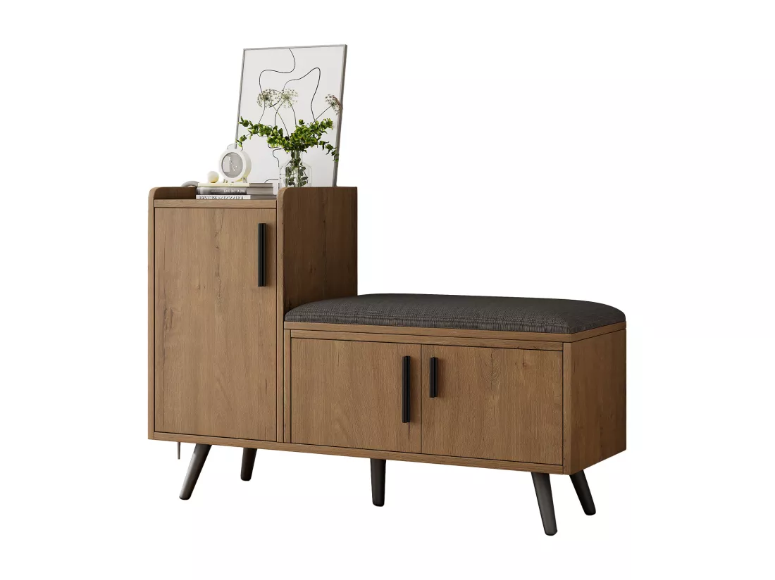 Banc à chaussures moderne avec 3 portes et coussin - pièds et poignées en métal - coloris naturel - 100 x 34 x 69 cm