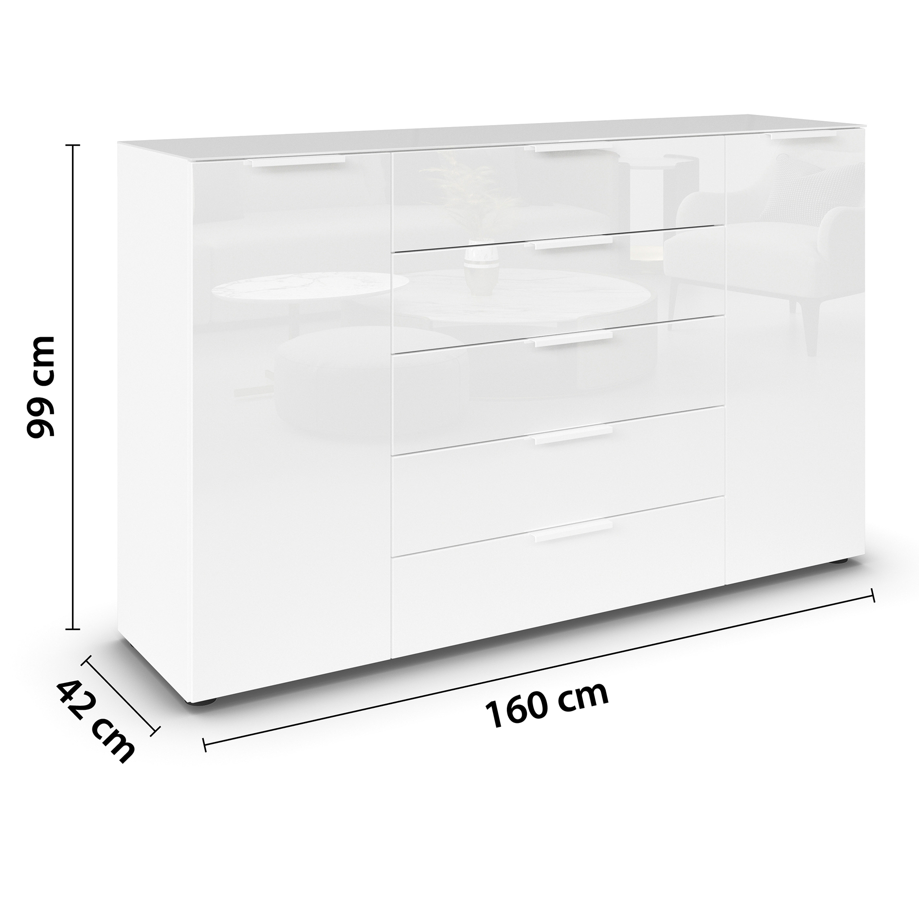 Kommode - alpinweiß-Kristallweißglas - weiße Griffe - 160 cm