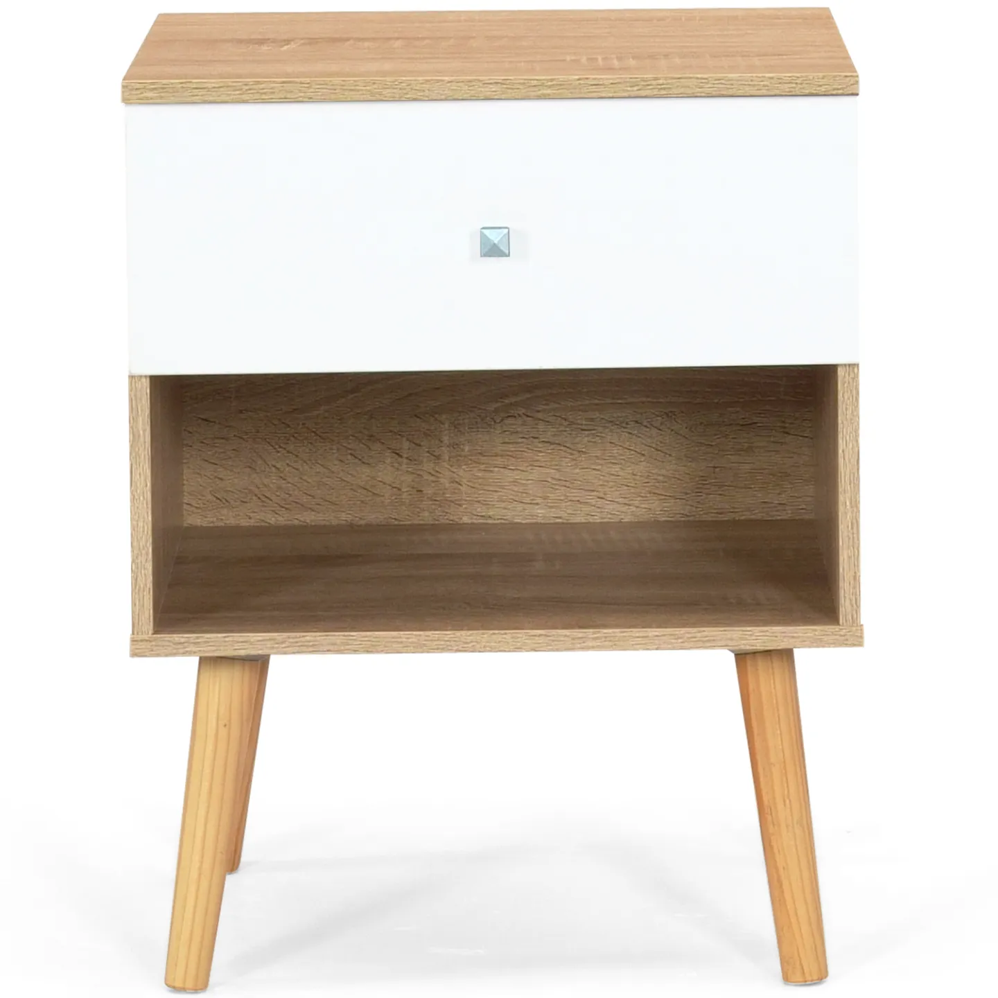 Lot de 2 tables de chevet EMMIE scandinaves 1 tiroir avec niche hêtre et blanc