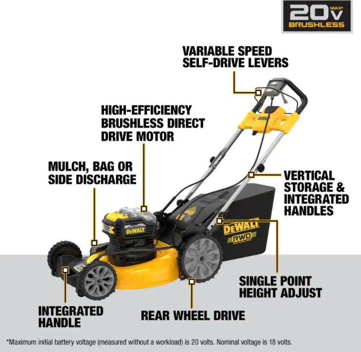 Cortador de grama elétrico sem fio DEWALT de 21 polegadas (53 cm), 20 volts, com duas baterias Flexvolt de 12 Ah e carregador.