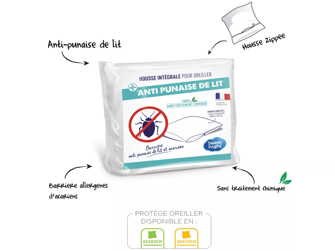 Lot de 2 protèges oreillers anti-acariens et anti-punaises sans traitement 65x65