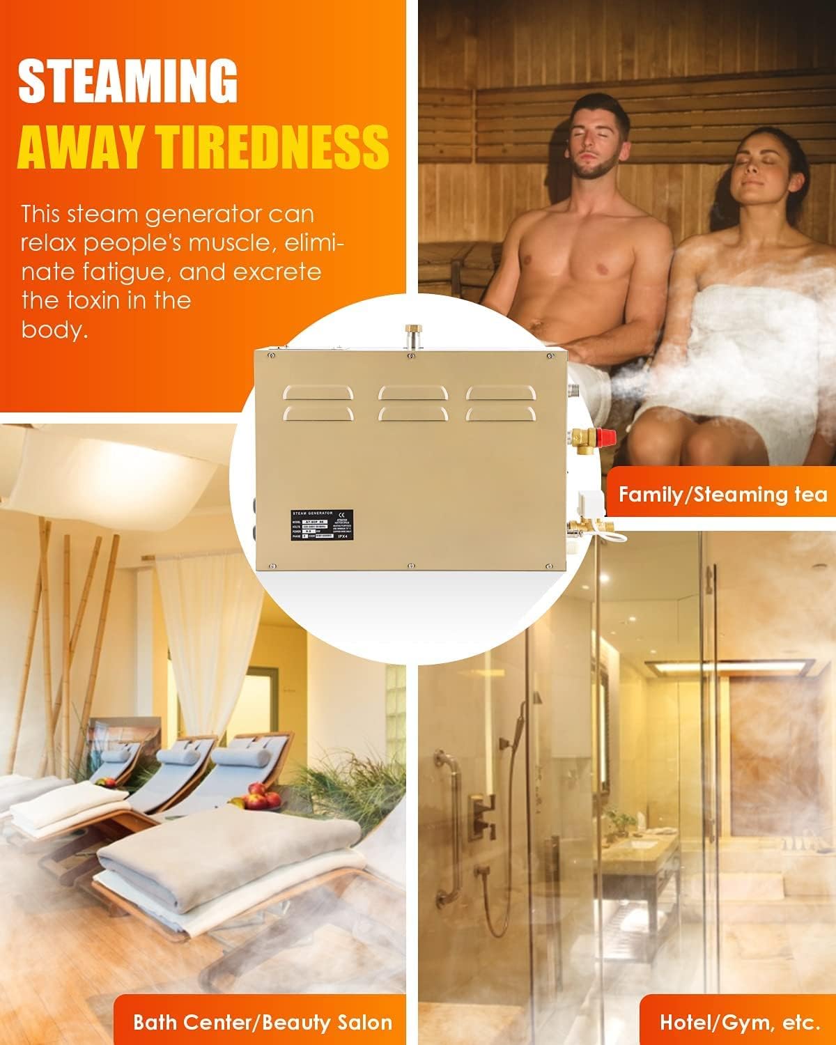 CGOLDENWALL 4.5 KW Sauan Dampfgenerator mit Automatischer Entwässerung 220 V für Zuhause und Gewerbe, Geeignet für Sauna/Dusche/Bade/SPA mit Intelligentem Touch-Controller 25-55°C, 3-4.5m3 Raumheizung