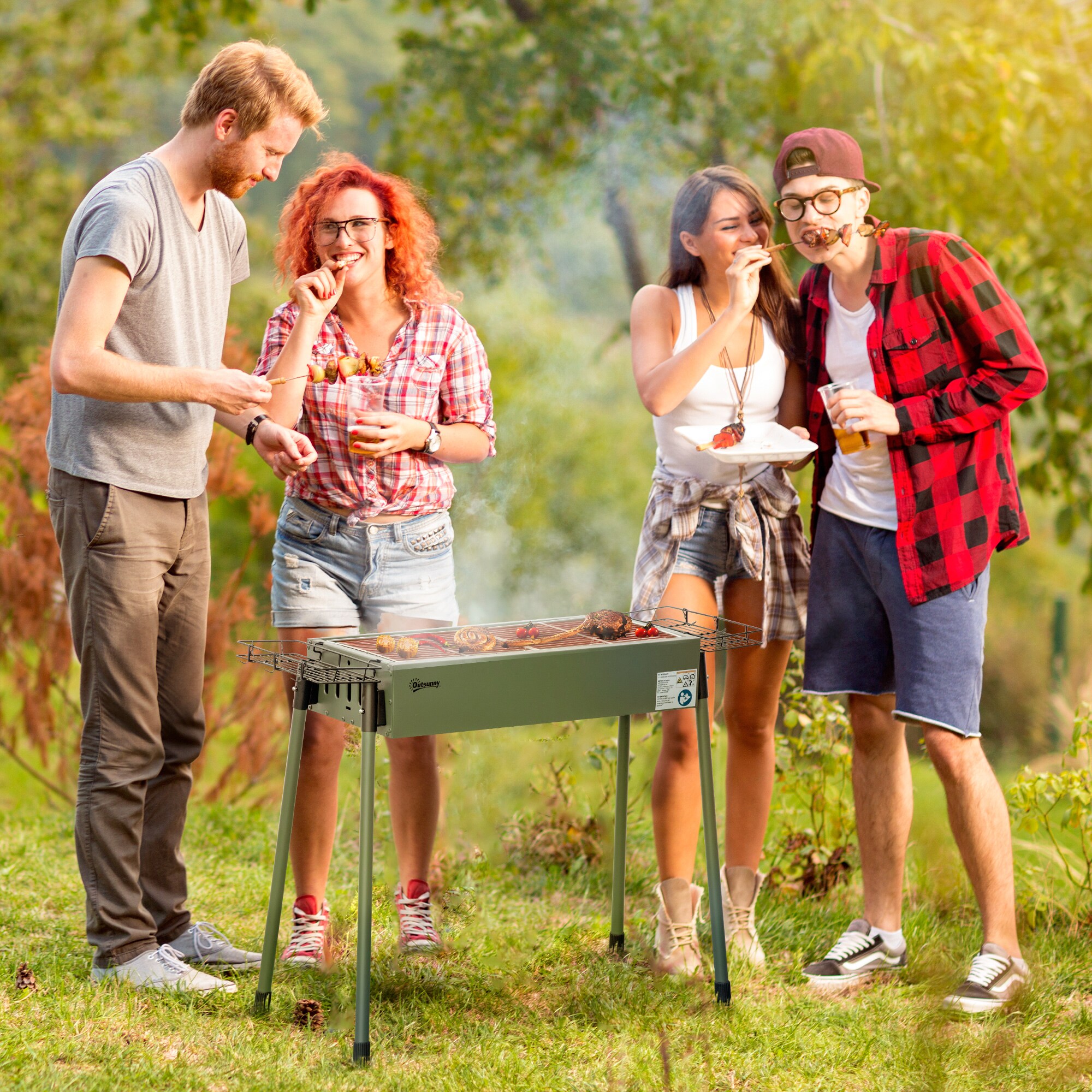 Outsunny Holzkohlegrill mit Grillrost, Grillrost-Clip und Seitenkörbe grün 77L x 30B x 70H cm