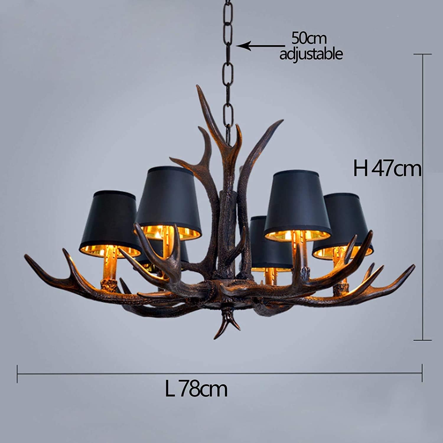 Vintage Pendelleuchte Esstischlamp American Ländliche Kronleuchter E14 Resin Geweihe Hängeleuchte Schwarzer Lampenschirm Hängelampe Retro Leuchte Bar Wohnzimmer Cafe Esszimmer Deckenlampe ,6 heads