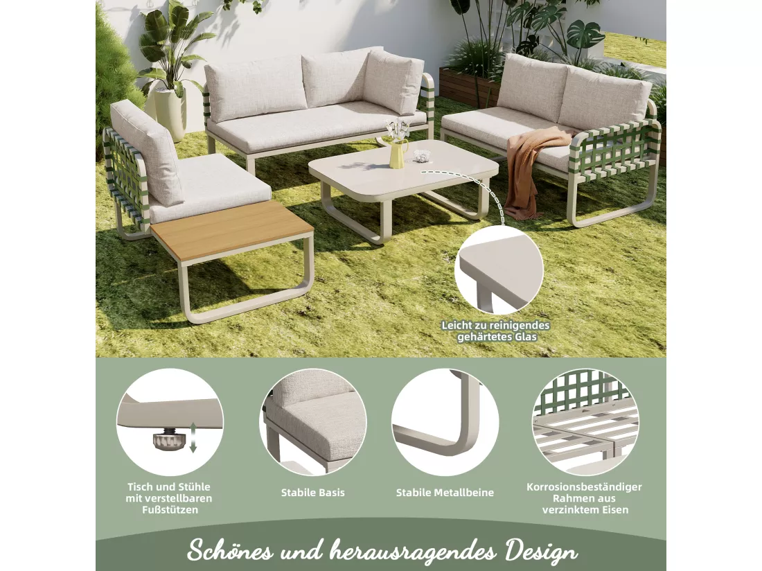 Salon de jardin modulable en fer et corde : 2 canapés 2 places + 1 canapé 1 place + 1 table basse - Abricot