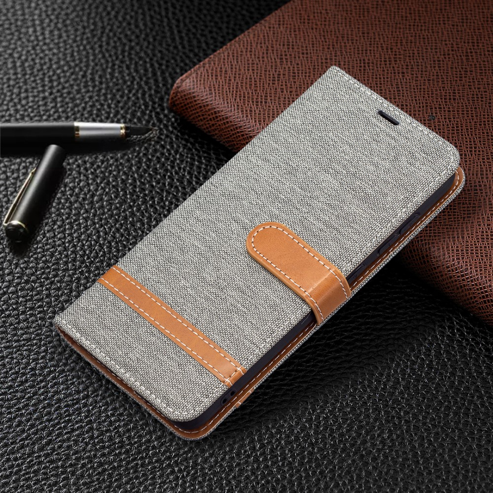 Samsung Galaxy S21 FE 5G Stoff Tasche im Jeans Look mit Kartenfach   Magnetverschluss - Grau / Braun