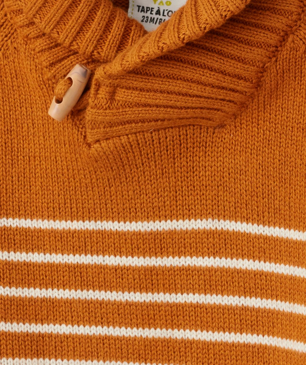 PULL EN TRICOT RAYÉ OCRE BÉBÉ GARÇON AVEC COL MONTANT