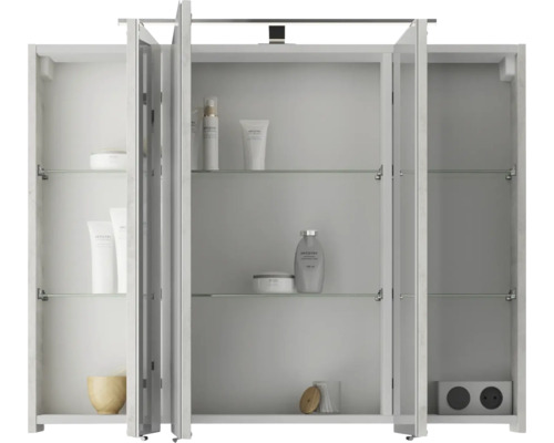 Pelipal Serie 4035 badkamermeubelset, BxHxD 90 x 200 x 43,5 cm, grijze fronten. 3-delige badkamermeubelset bestaande uit een witte keramische wastafel, badmeubel en spiegelkast met LED-verlichting.