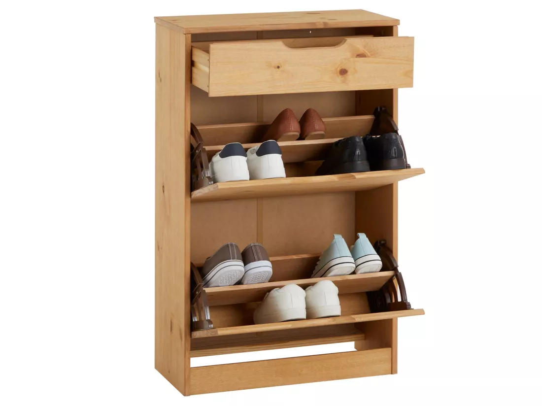 Meubles à chaussures BASIL rangement armoire avec 2 abattants et 1 tiroir, en pin massif lasuré brun
