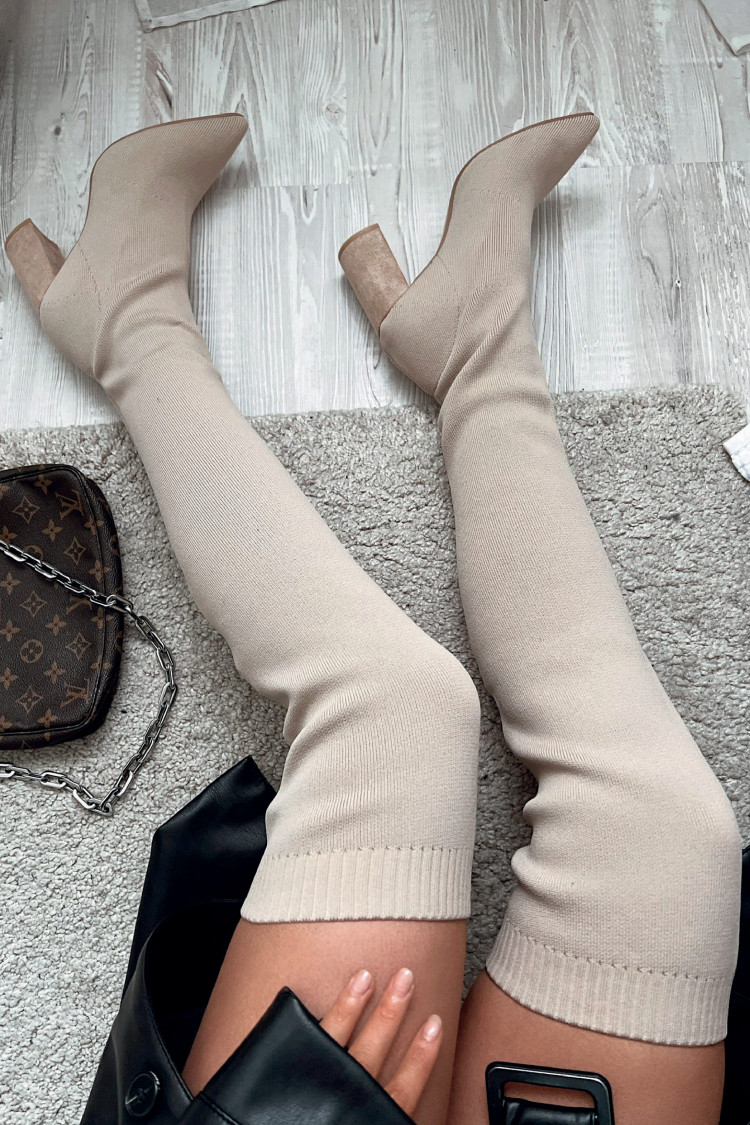 Cuissardes chaussettes beige à talons bloc