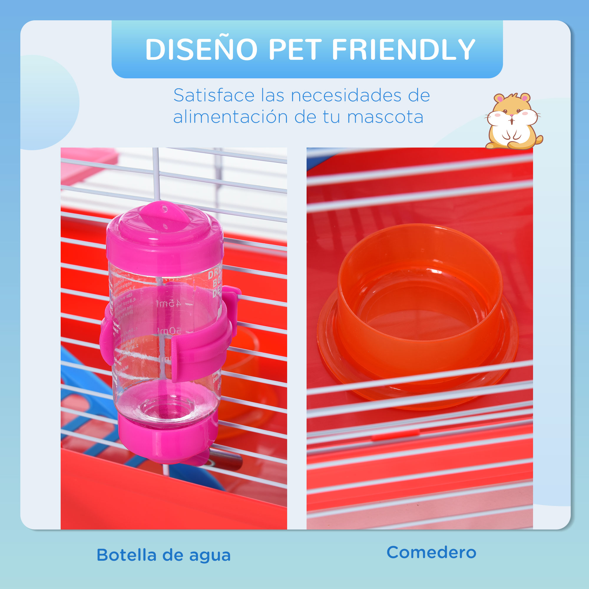 Gaiola PawHut para Hamster, Casinha para Hamster 47x30x27 cm com 1 Andar, Comedouro, Bebedouro, Rampa, Roda de Exercícios para Pequenos Animais, Branca e Vermelha