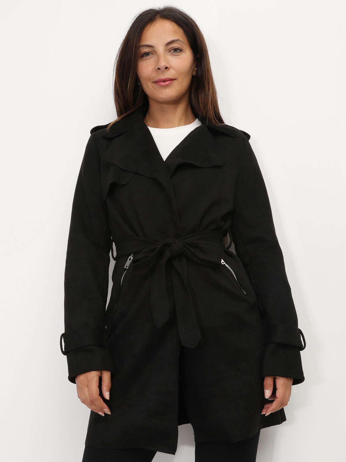 Veste mi-longue ceinturée en suédine- Noir