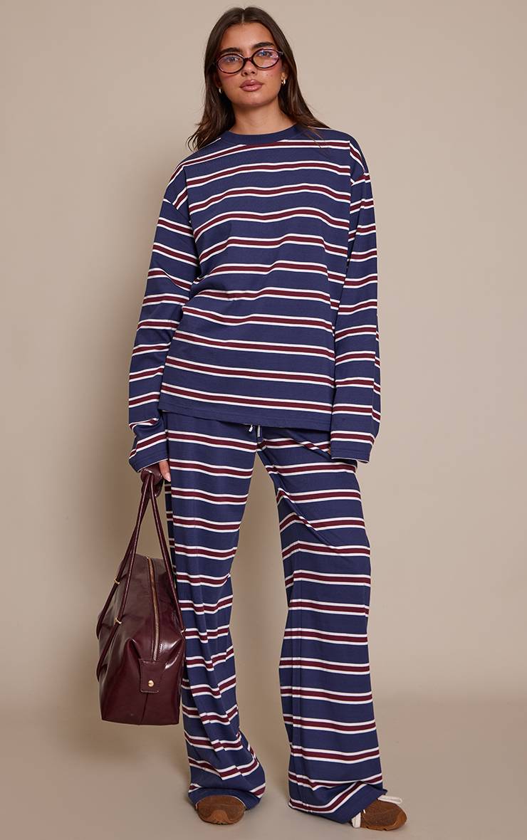 Navy Stripe Pantalon Large À Rayures Avec Cordon De Serrage