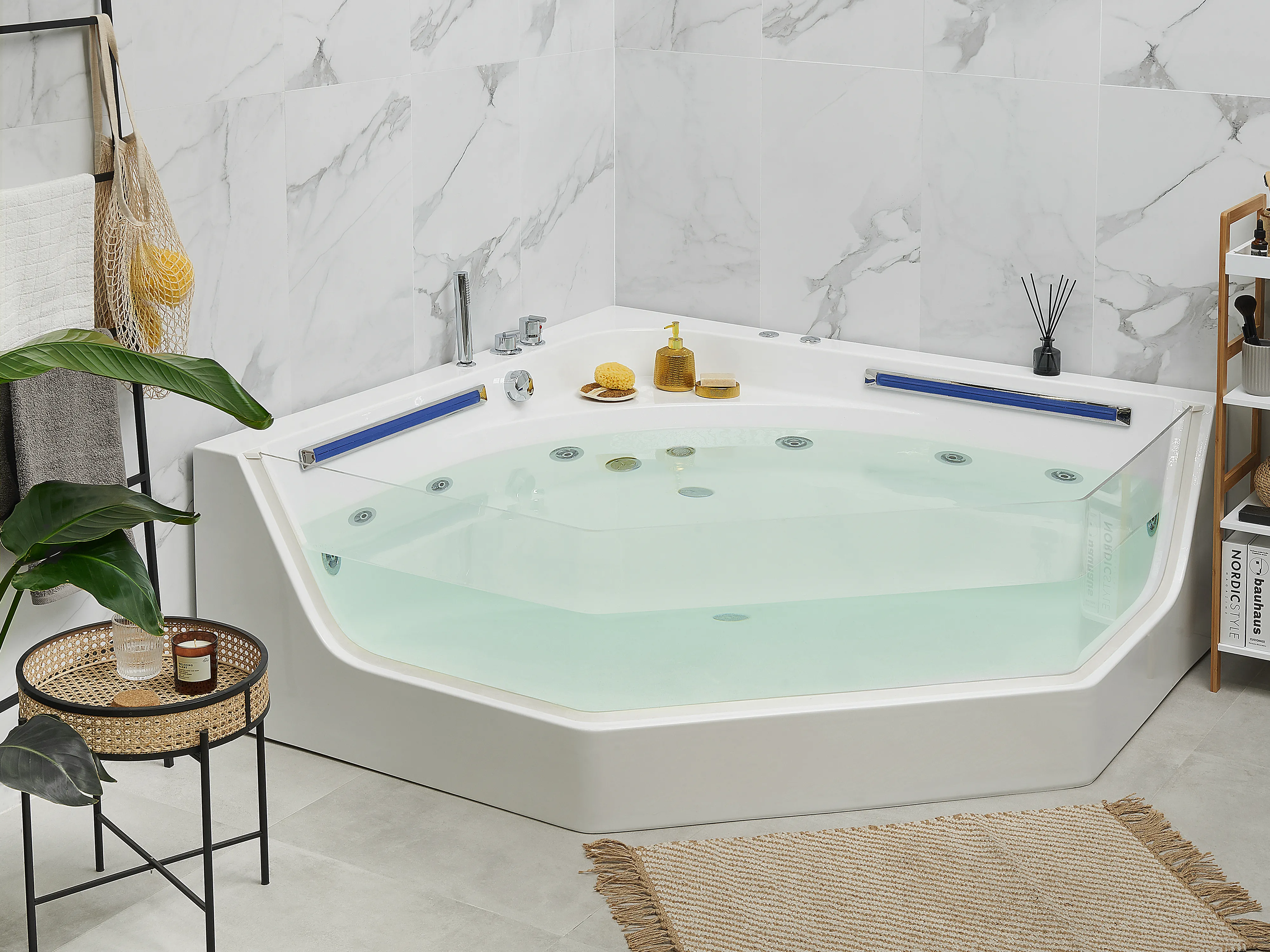 Hoek bubbelbad met LED CACERES 211 x 150 cm Wit
