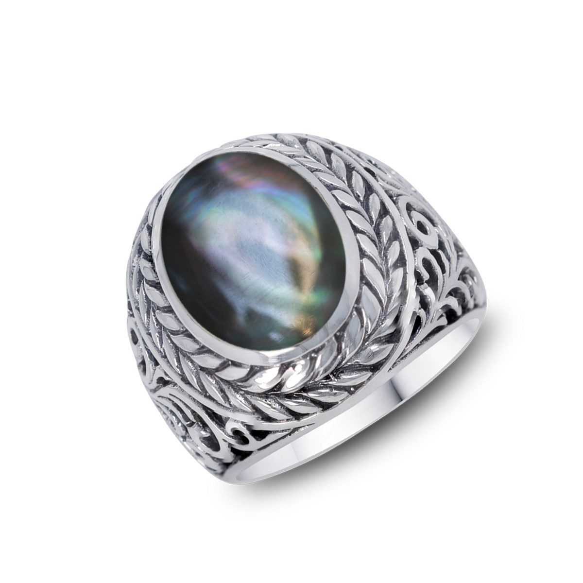 Bague Biker avec Onyx Ovale Noire sur Argent Vieilli | Aden Boutique