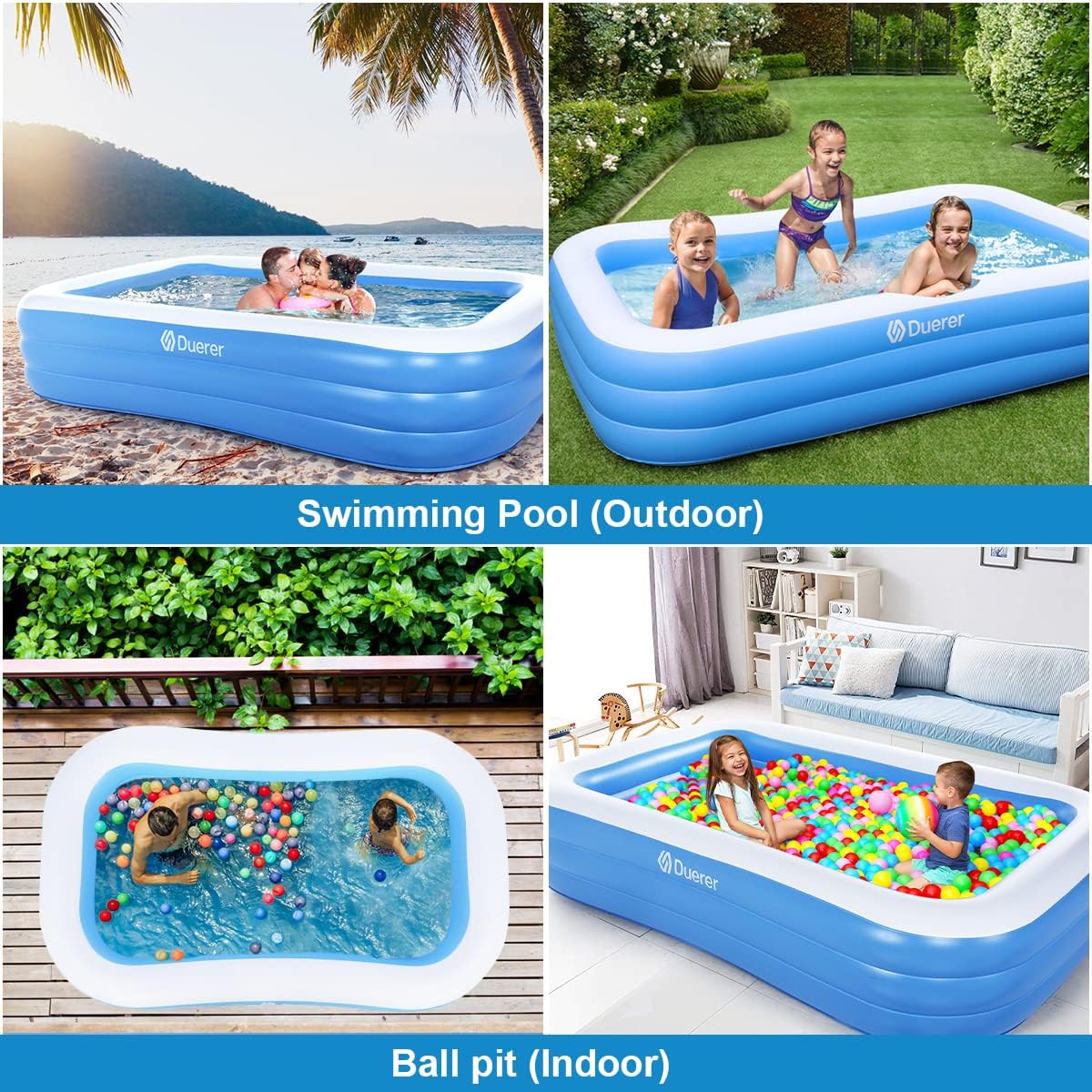 Duerer Aufblasbarer Pool Rechteckig, 241cm x 142cm x 56cm, Planschbecken groß für Kinder und Erwachsene Sommer Party, Aufblasbare Schwimmbecken, Familien Swimming Pool für Garten, Outdoor, Easy Set